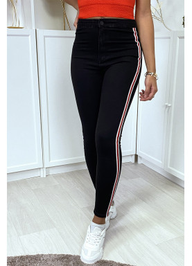 Jean slim noir taille haute à bandes sur les côtés - 5