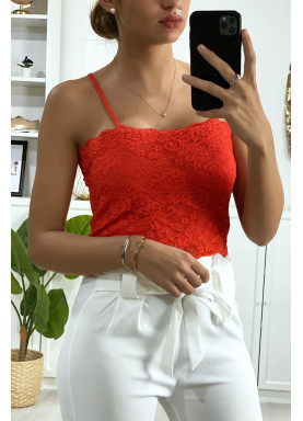 Débardeur rouge en dentelle doublé avec bretelle amovible - 3