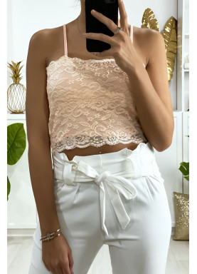 Débardeur rose en dentelle doublé avec bretelle amovible - 4